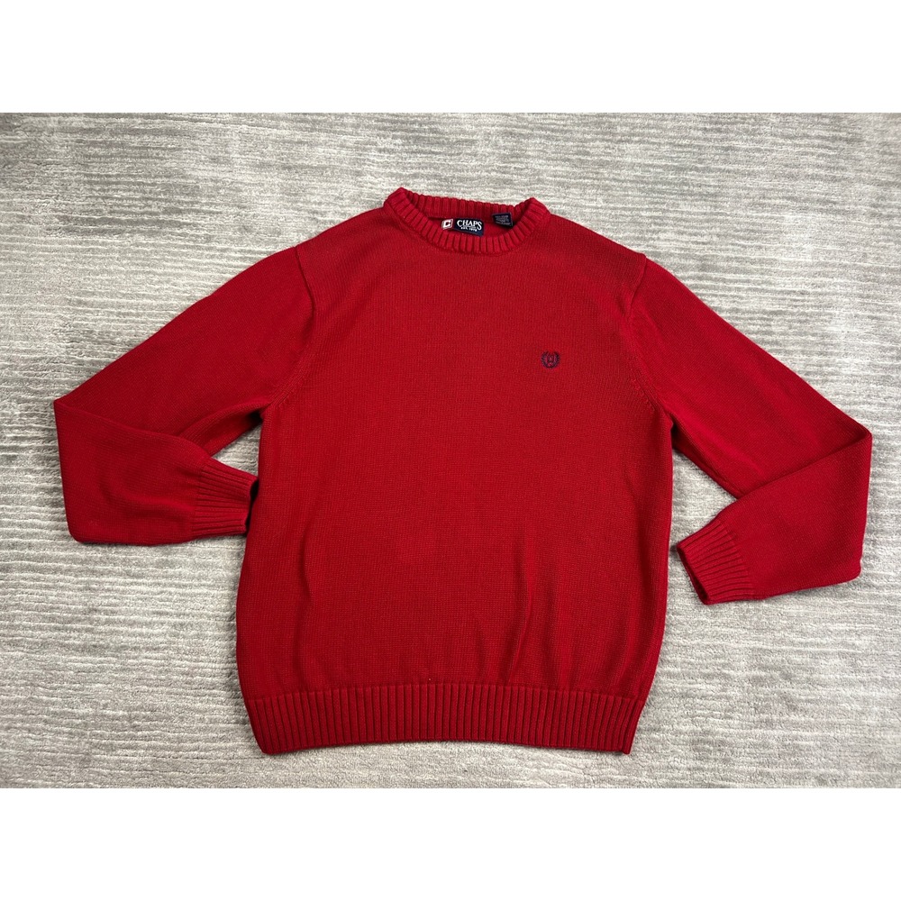 Chaps Sweater Mens XL Red Crew Neck 100% Cotton Pullover Logo Classic Knit
